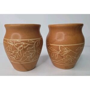 2 Handmade Small Studio Art Pottery‎ Vases Abstract Floral Design 3 1/4" Height